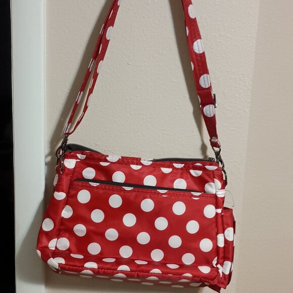 Lug Shimmy Crossbody Shoulder Bag Purse Red White Polka Dots Multiple Pockets - Picture 6 of 16